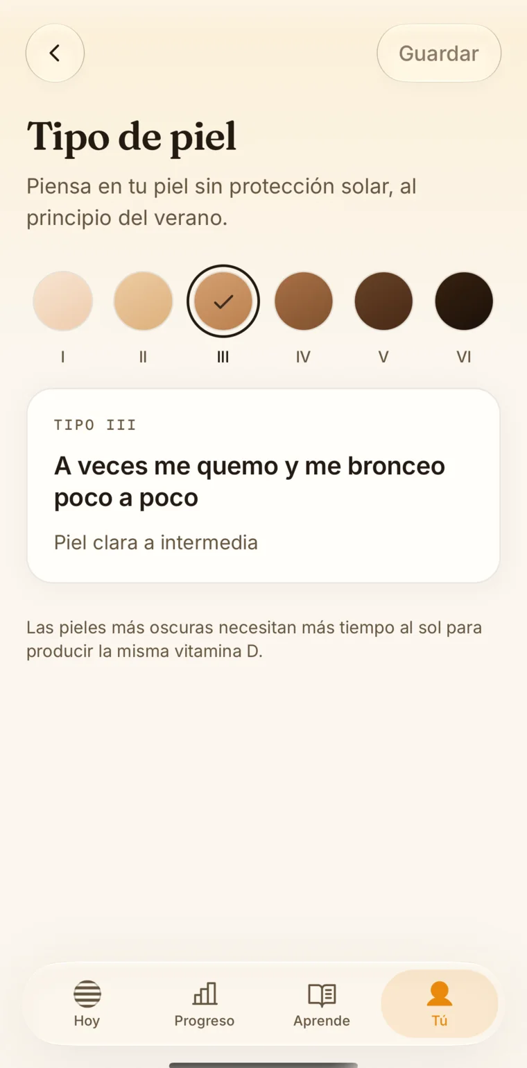 Selección de tipo de piel en Taiyo