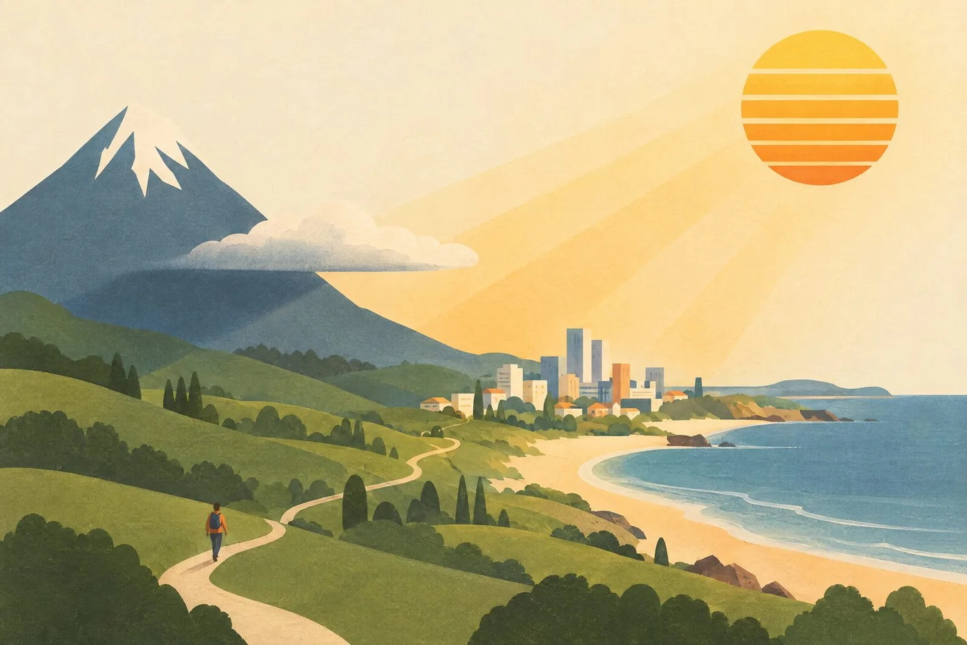 Paisaje ilustrado con montañas, costa y un sol bajo sobre el horizonte