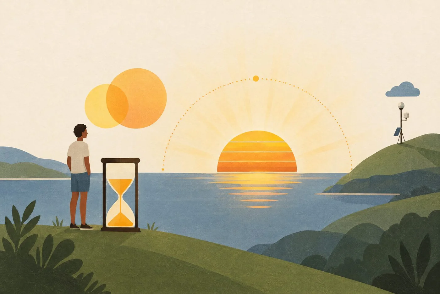 Illustration of an hourglass and the path of the sun